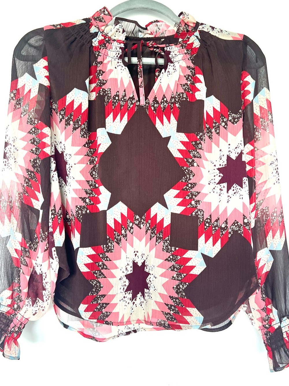 LOFT Patchwork Quilt Starburst Blouse Chocolate Brown Sheer Chiffon Top